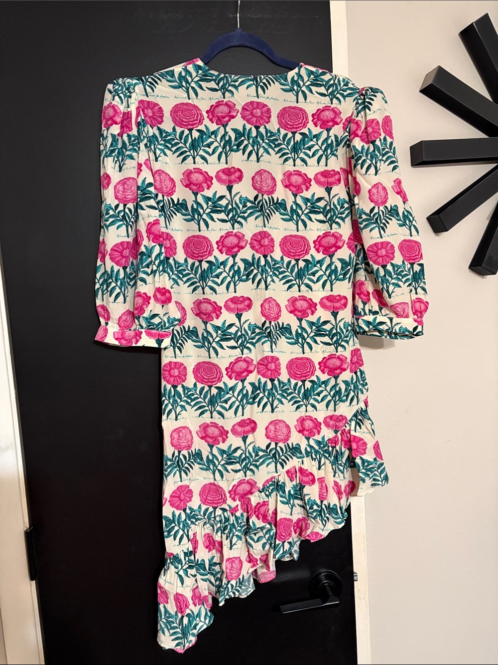 Andriana Degreas Pink Floral Wrap Dress with Teal Foliage, sz Med - Picture 3 of 11